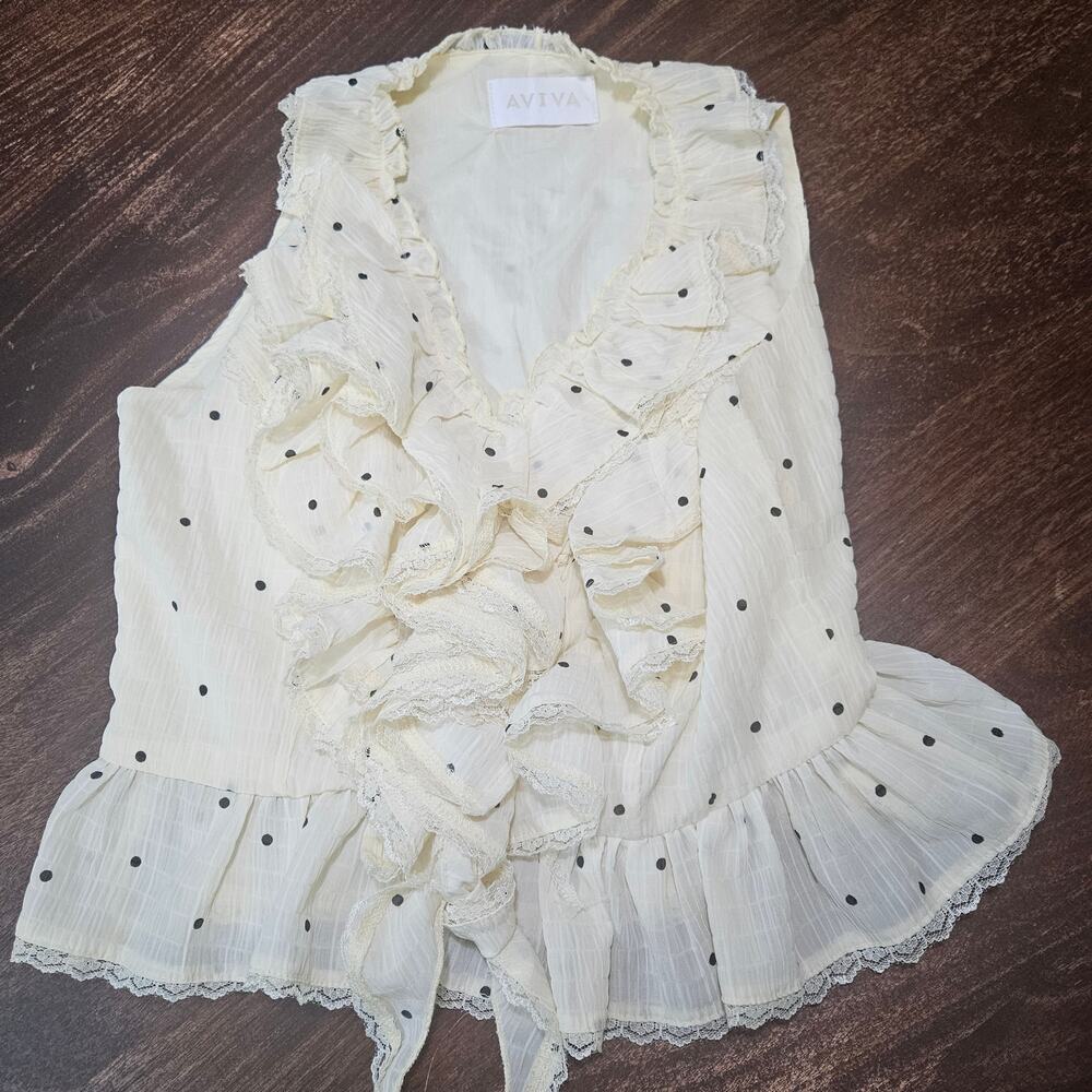 Vintage AVIVA Butter Yellow Ruffle Polka Dot Coquette Cottagecore Blouse